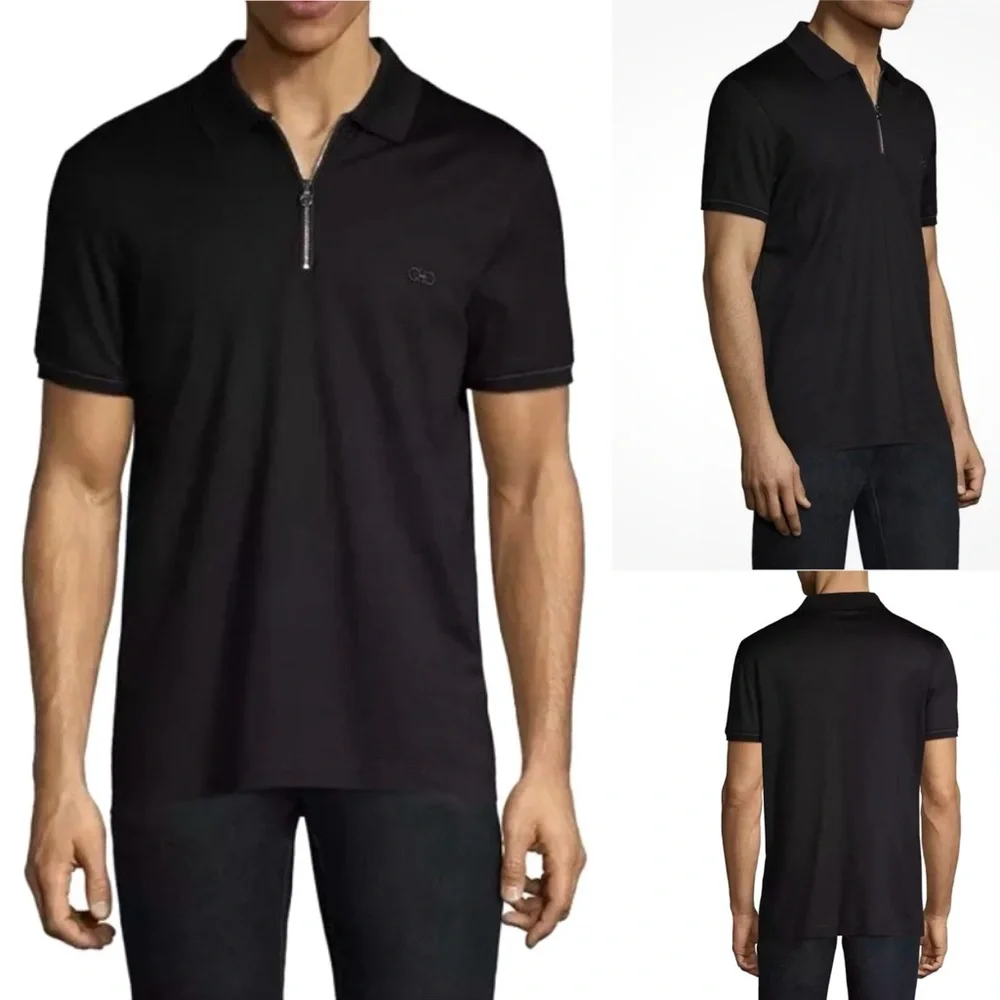 Salvatore Ferragamo Black Cotton Pique Logo Polo Shirt with Logo 3/4 Zipper XXL - Picture 2 of 13